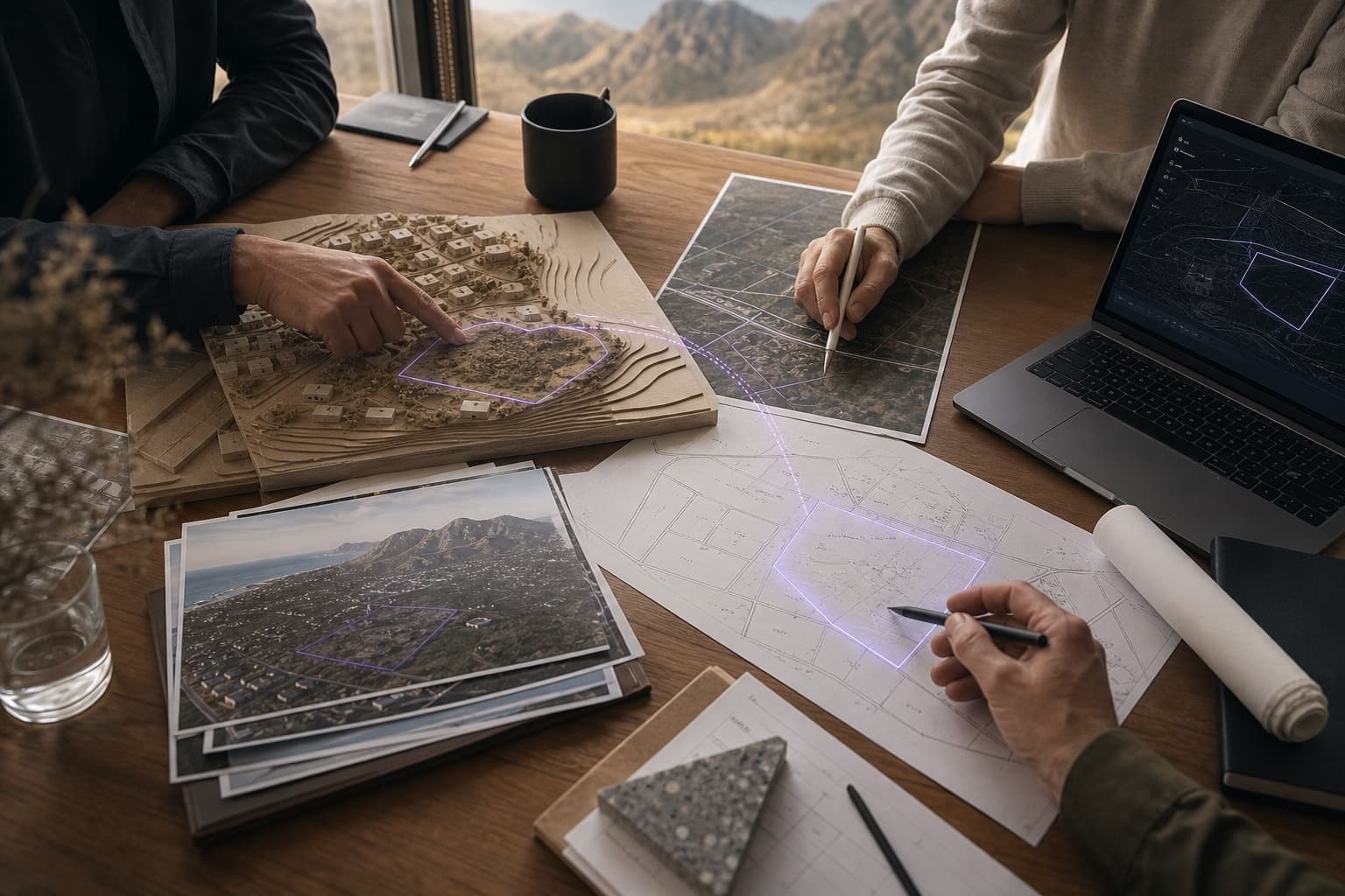 Property professionals comparing a site model, cadastral plans, aerial photographs and digital evidence