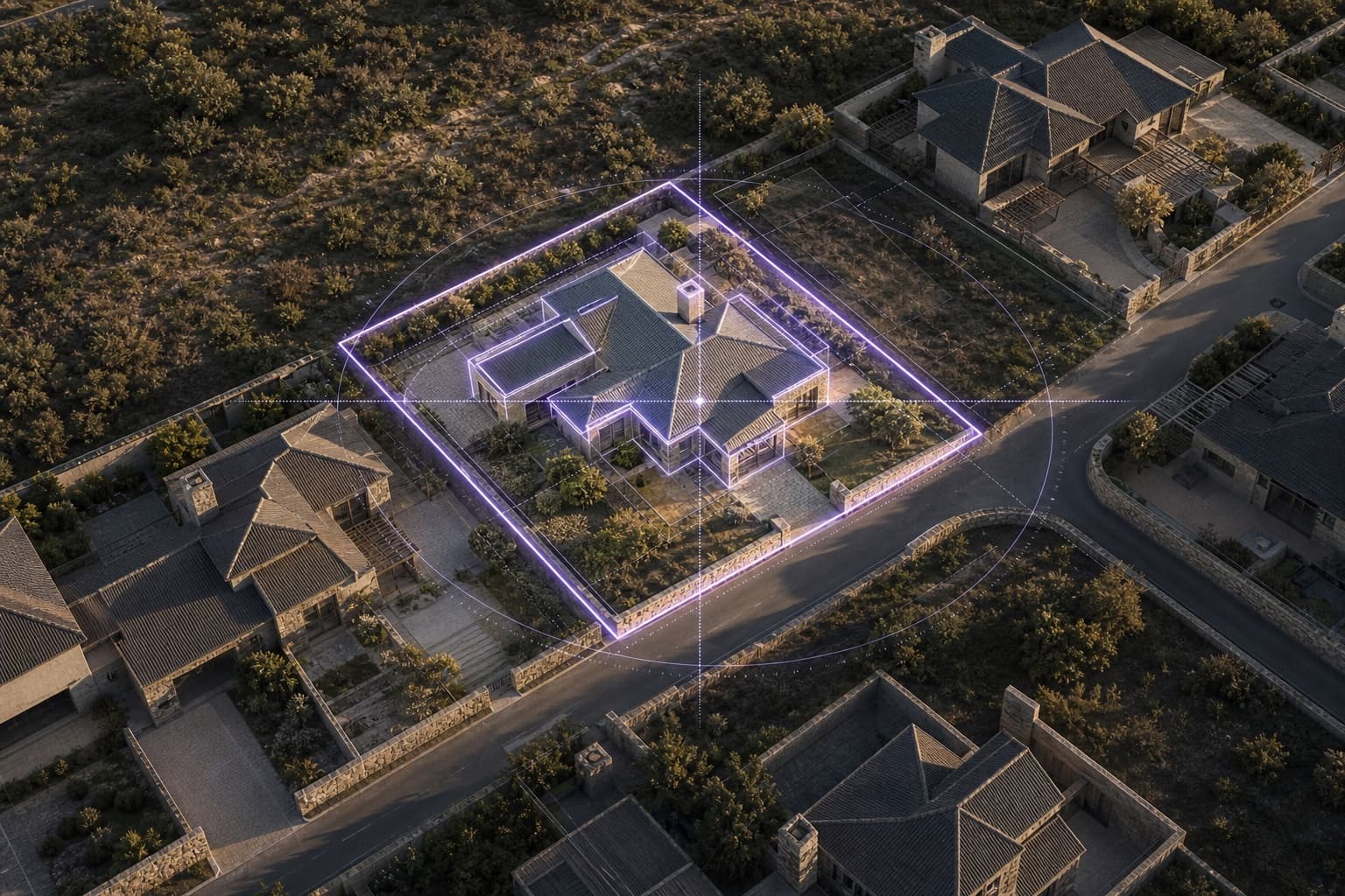 Illustrative aerial view with a possible parcel boundary highlighted for investigation