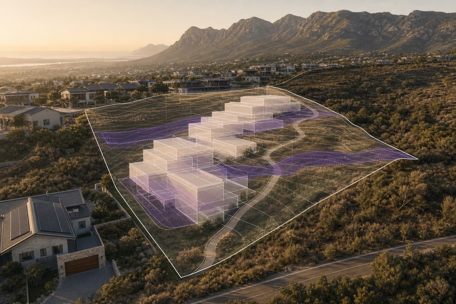 Conceptual residential massing on a hillside, illustrating a scheme that would require planning and engineering checks